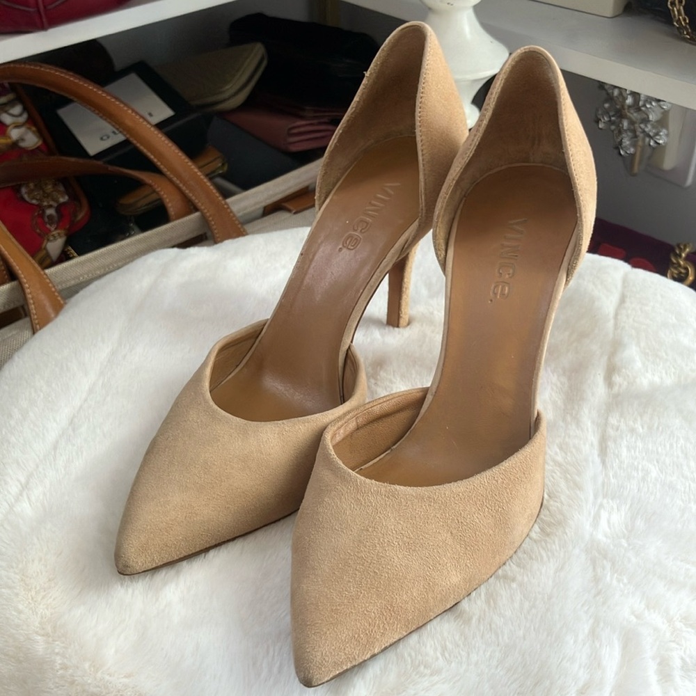 Vince. d’Orsay Tan Suede Pointed-Toe High Heels Pumps Made in Italy